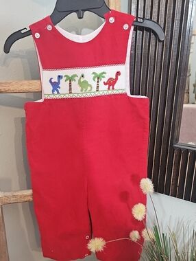 Three Sisters Toddler Red Cordury Smocked Dinosaur Overalls - 18M